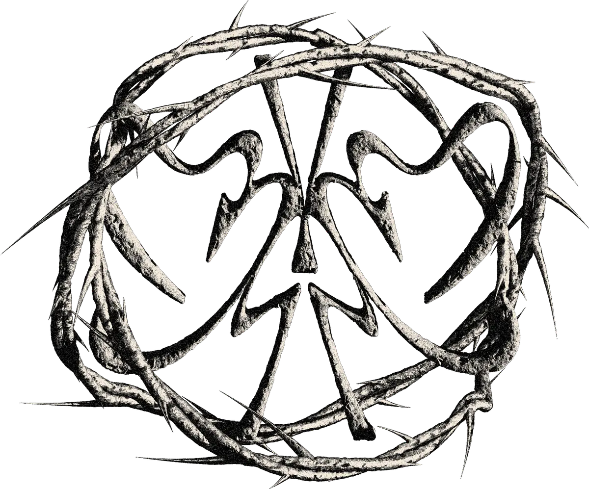 Carved stone emblem wrapped in a crown of thorns