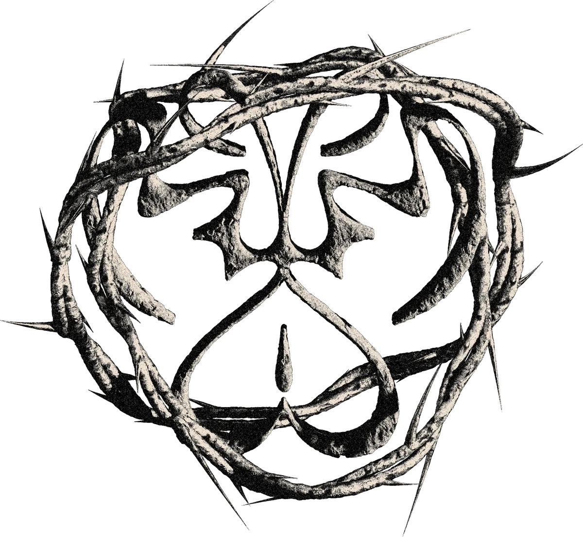Papillon emblem carved in stone inside a ring of thorns